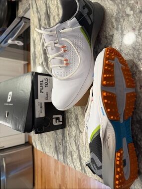 FootJoy White Golf Shoes with Orange & Blue Outsole and Lime Accent